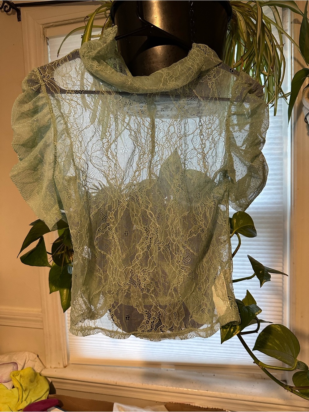 Forever 21 Sage Green Sheer Lace Ruffle Sleeve Top